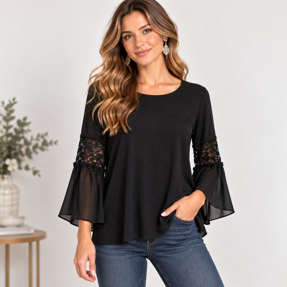 Susan Graver Liquid Knit Blouse Women's Size L Black Lace Sheer Bell Sleeves